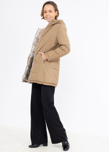 Manteau long réversible et imperméable matelassé camel marron/doré