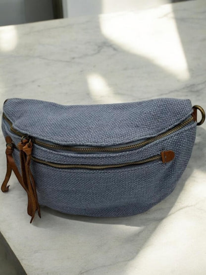 Nouveautés - Sac banane en jute bleu clair 2 poches doubles curseurs