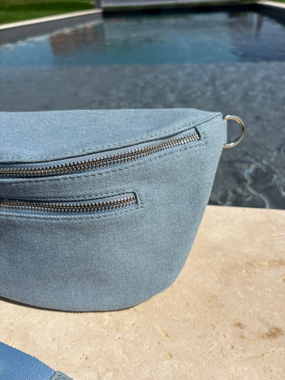 Sac banane XL tissu jean bleu clair 2 poches