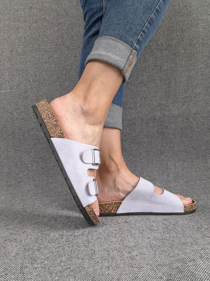 Chaussures sandales violet parme clair à doubles lanières avec boucles métalliques style Birk