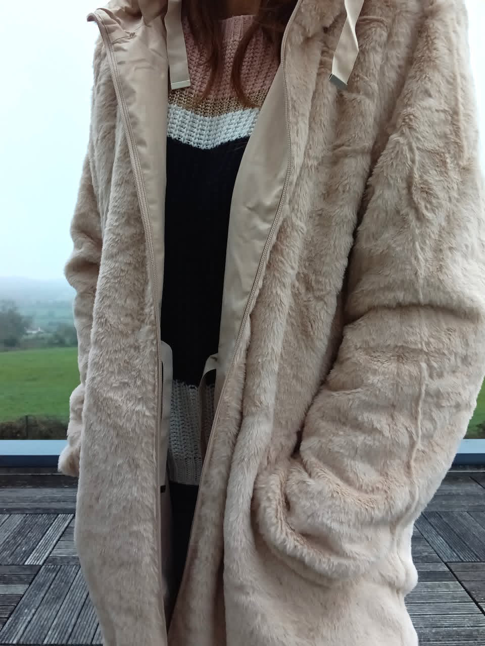 New Lolo - Manteau long BEIGE zip uni réversible, imperméable et complètement fourré resserrable à la taille