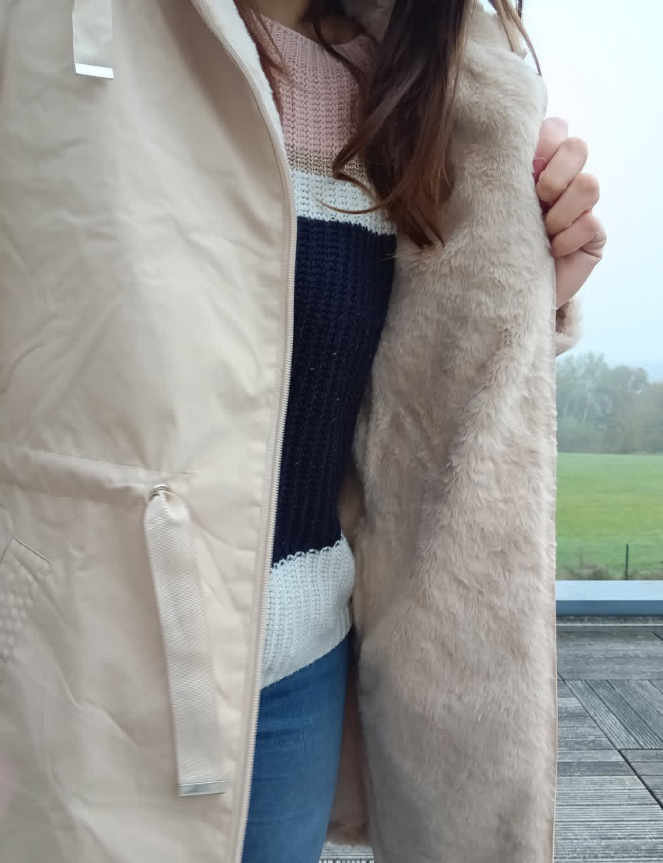 New Lolo - Manteau long BEIGE zip uni réversible, imperméable et complètement fourré resserrable à la taille