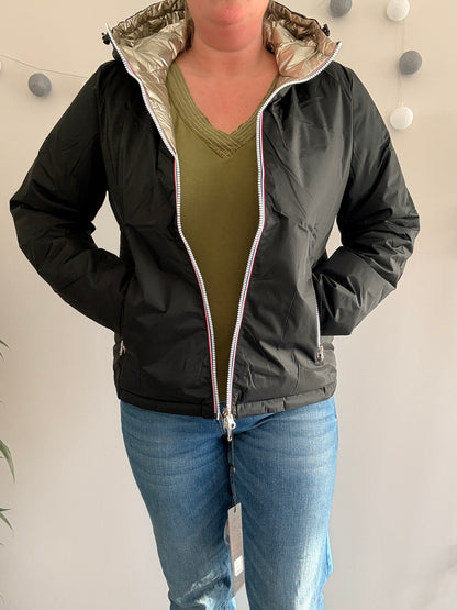Laura Jo - Manteau doudoune courte matelassé réversible imperméable noir doré avec capuche