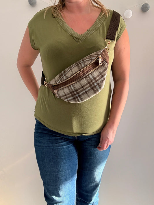 Sac banane en tissu motif écossais tons beige sangle fantaisie