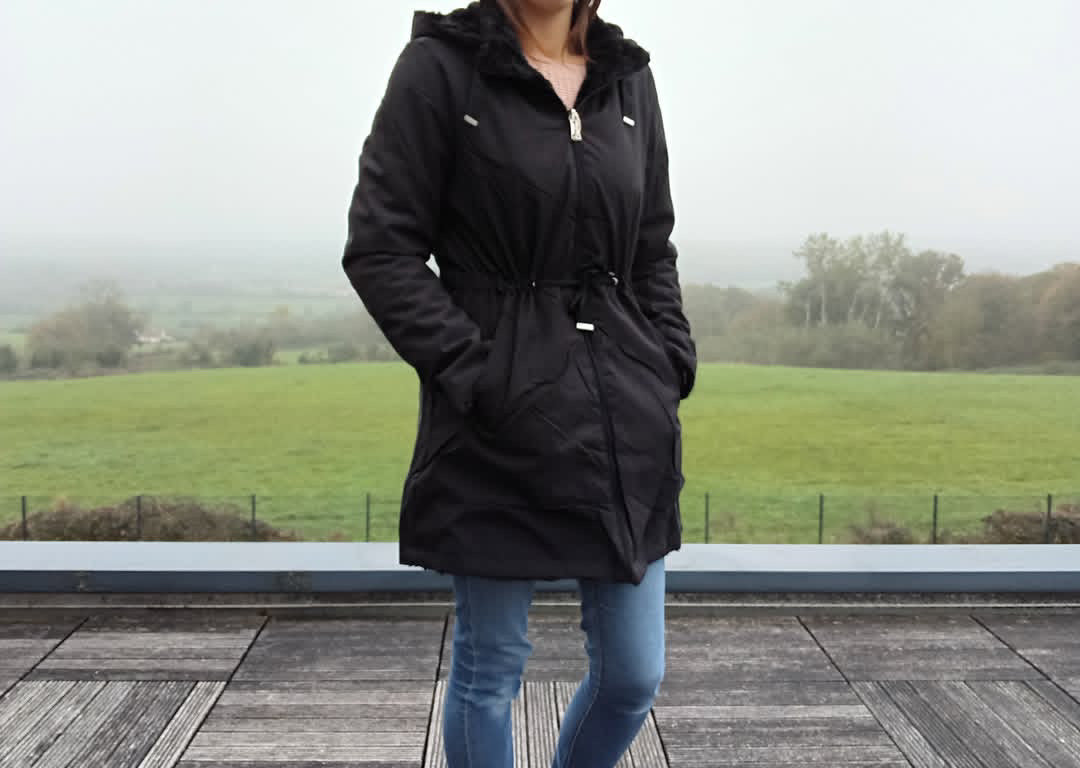 New Lolo - Manteau long NOIR zip uni réversible, imperméable et complètement fourré resserrable à la taille