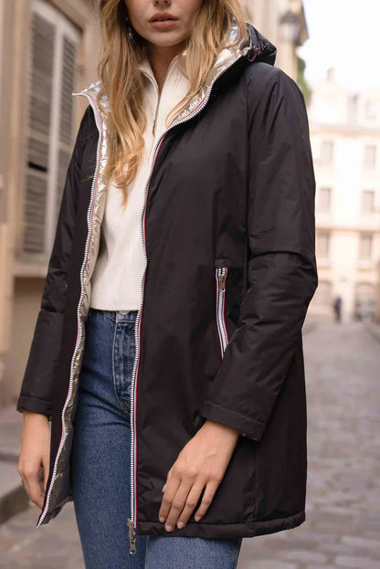 Laura Jo - Manteau doudoune longue matelassé réversible imperméable noir doré avec capuche