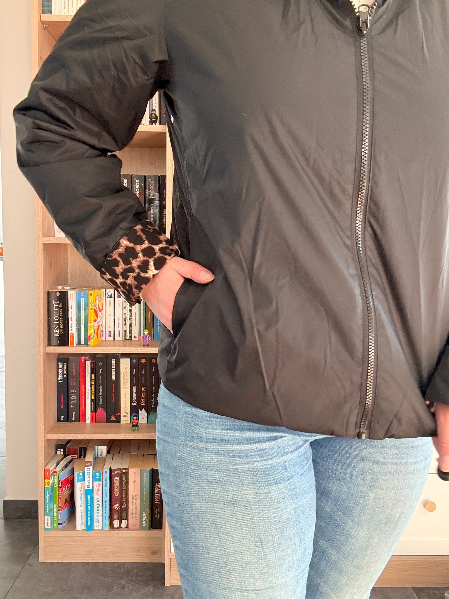 Laura Jo - Imperméable noir réversible léopard court mi-saison garnissage ouate
