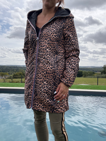 New Lolo - Imperméable réversible long sans garnissage ouate couleur noir/léopard