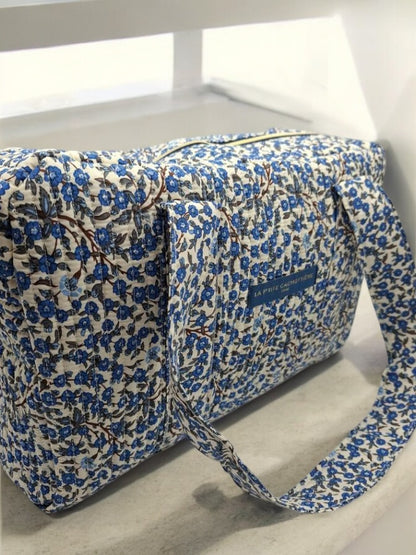 Sac week end de voyage polochon coton matelassé imprimé fleuri bleu marine