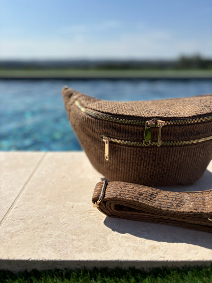 Sac banane XL en velours côtelé taupe imprimé léopard 2 poches