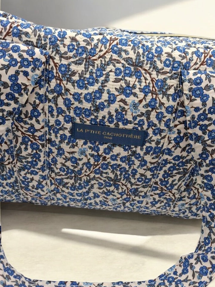 Sac week end de voyage polochon coton matelassé imprimé fleuri bleu marine