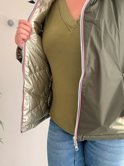 Laura Jo - Manteau doudoune courte matelassé réversible imperméable kaki doré avec capuche