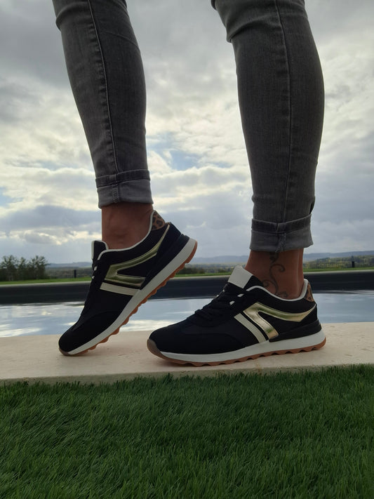 Chaussures baskets basses noir doré style sneakers new balance