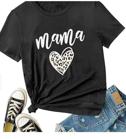 T-shirt Mama Cœur Léopard Femme Col Rond Tendance