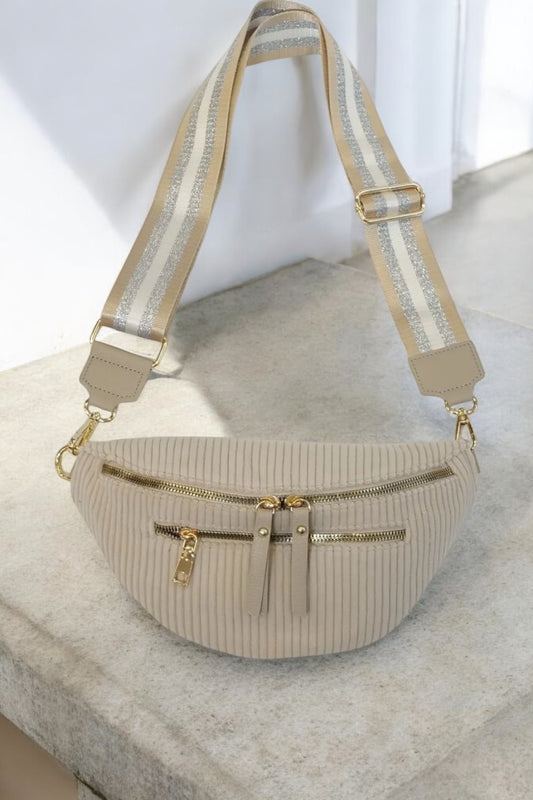 Sac banane velours côtelé 2 poches beige sangle fantaisie