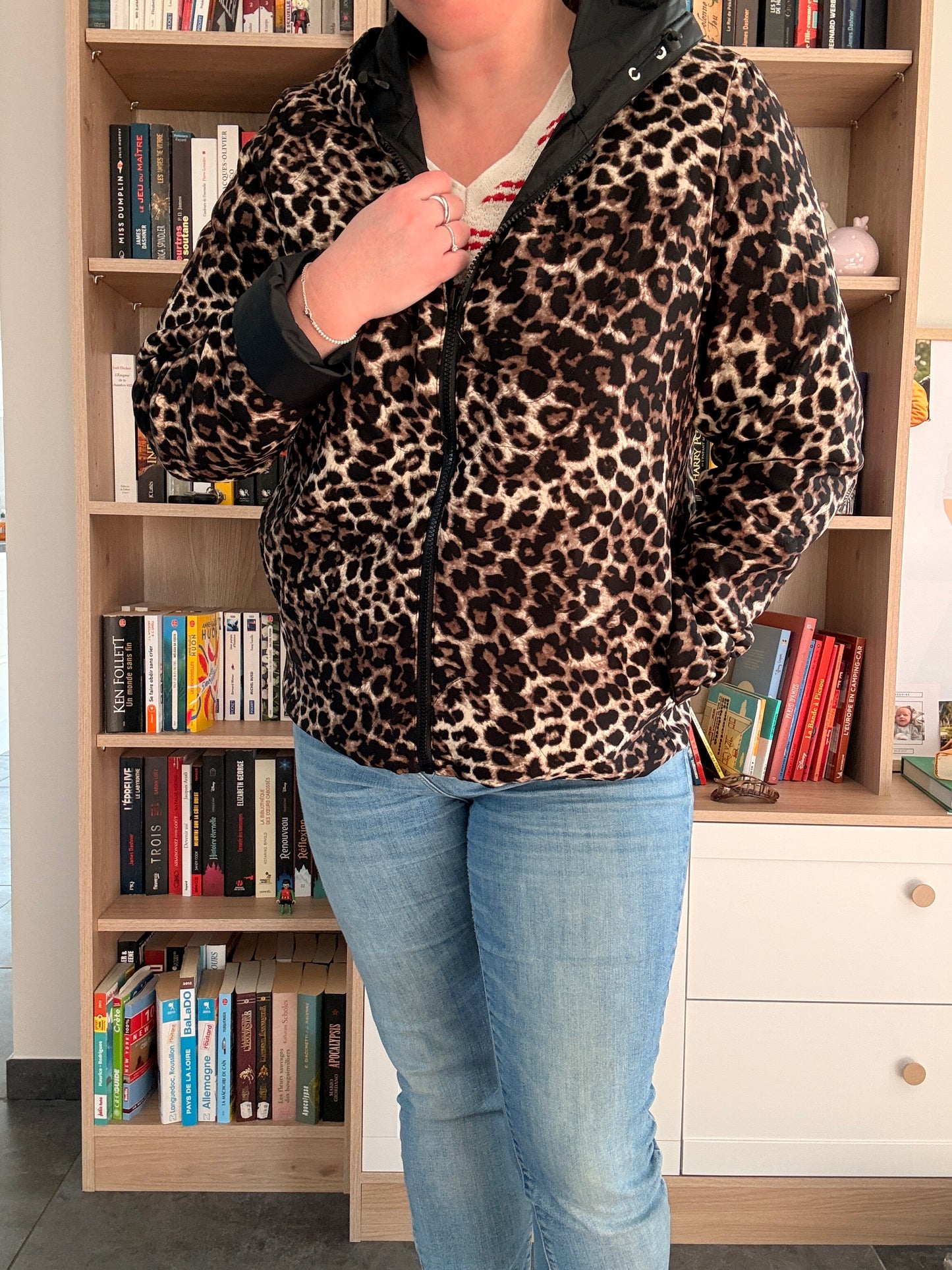 Laura Jo - Imperméable noir réversible léopard court mi-saison garnissage ouate