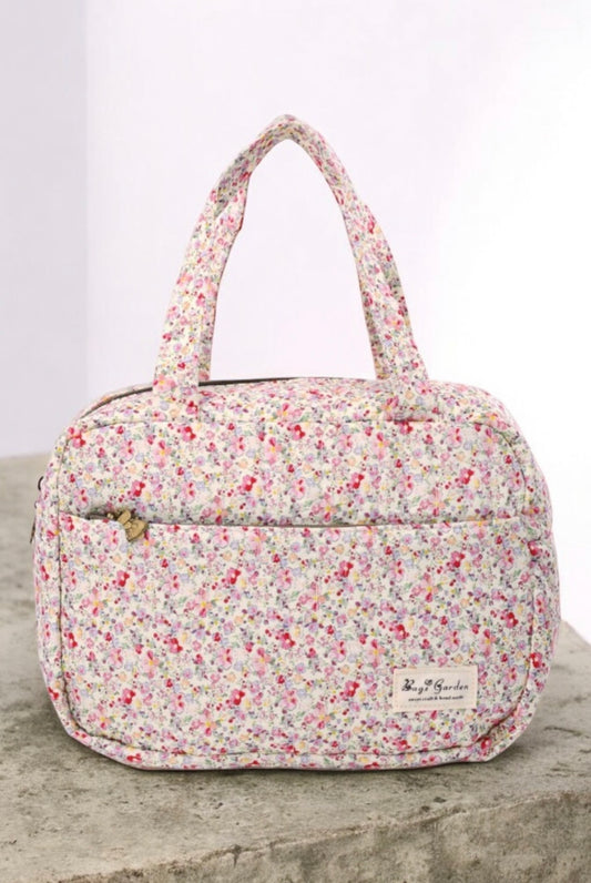Sac polochon week-end motif liberty fleurs colorées rose et fuschia