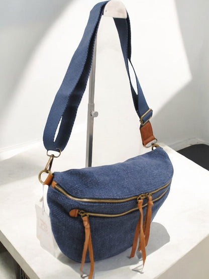 Nouveautés - Sac banane en jute bleu denim 2 poches doubles curseurs