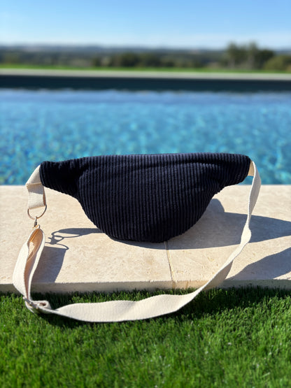 Sac banane velours cotelé bleu marine intérieur coton fait main