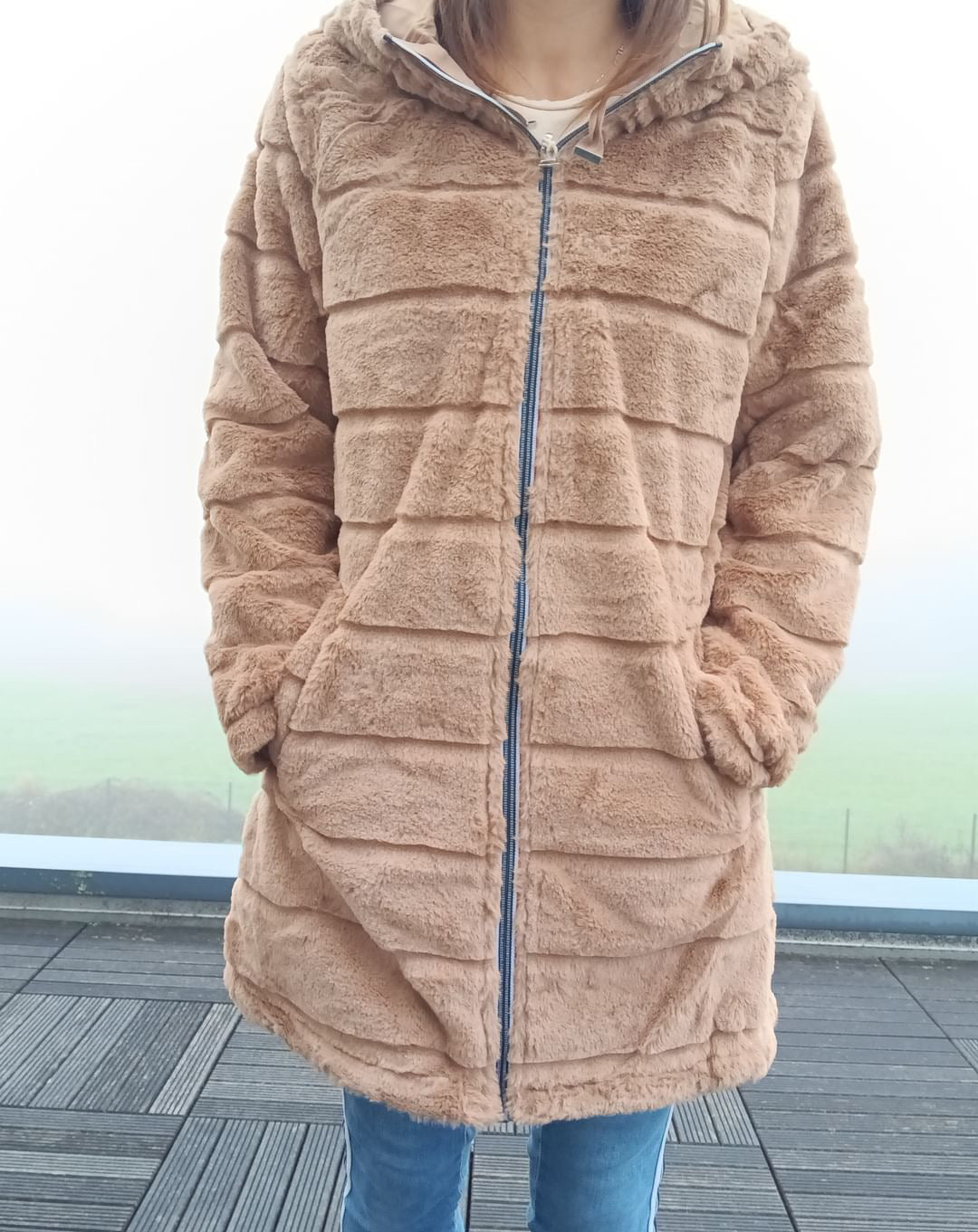 New Lolo - Manteau long CAMEL réversible, imperméable et complètement fourré resserrable à la taille