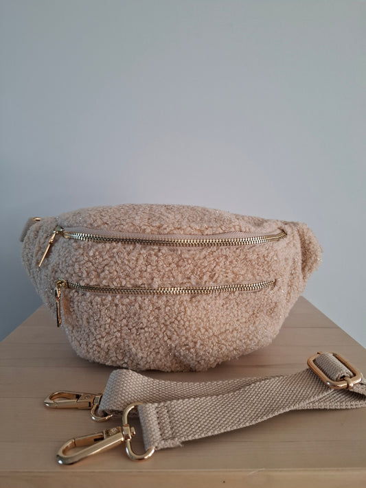 Sac banane XL peluche moumoute 2 poches beige écru