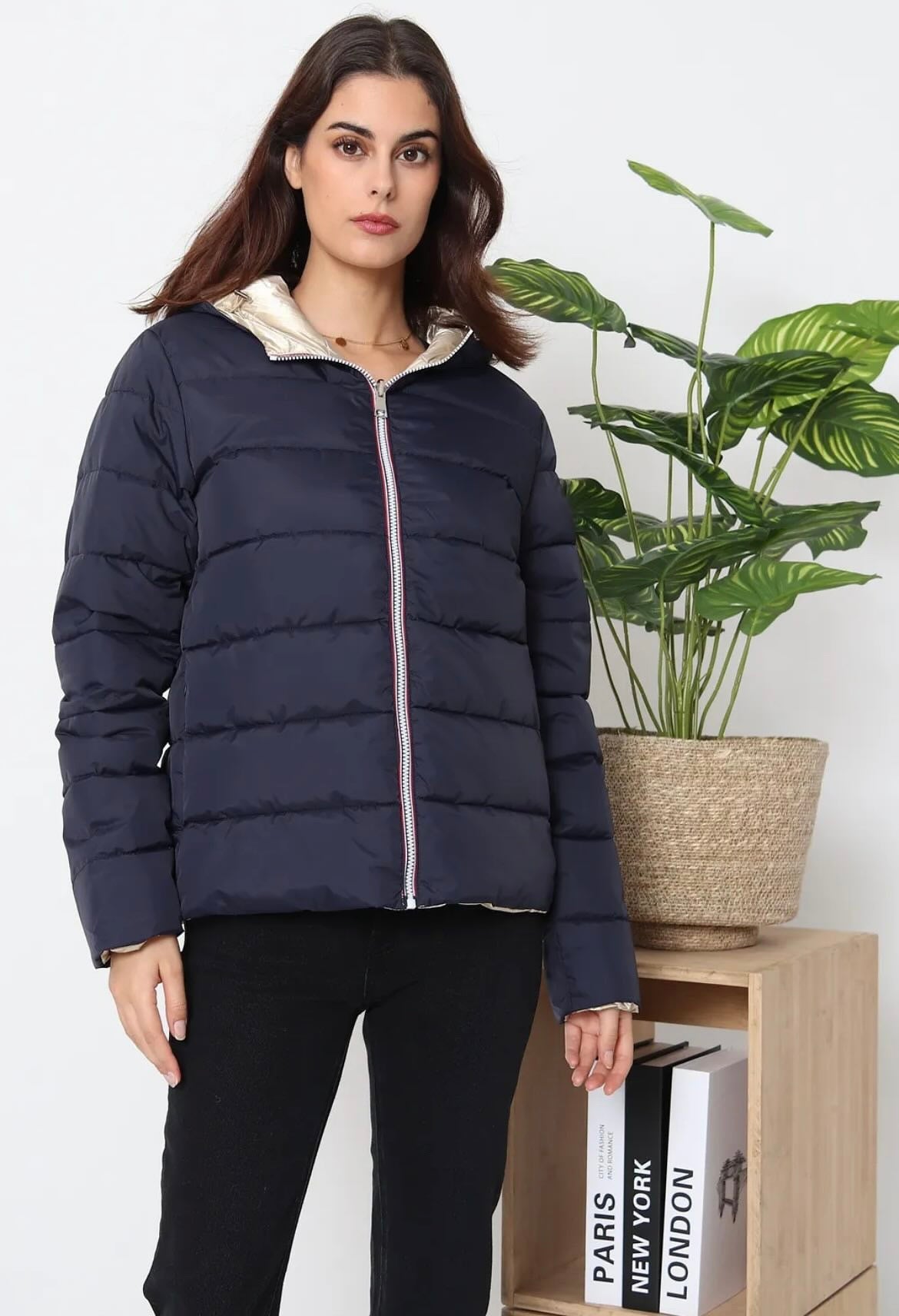 Nouveautés - Doudoune courte FEMME imperméable, matelassé bleu marine et réversible doré