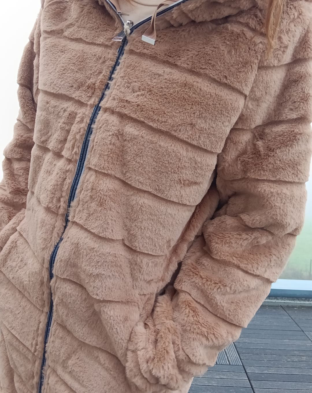 New Lolo - Manteau long CAMEL réversible, imperméable et complètement fourré resserrable à la taille