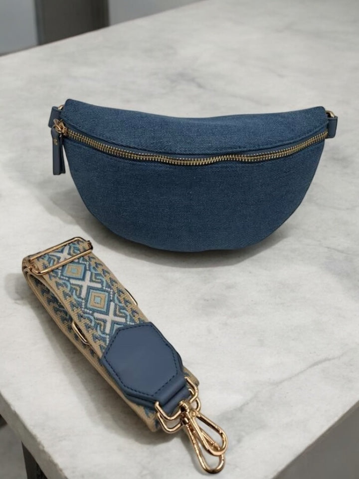 Nouveautés - Sac banane bleu denim avec sangle fantaisie