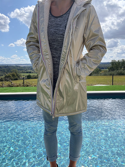 Laura Jo - Imperméable fourré long fausse fourrure doré intérieur sherpa beige