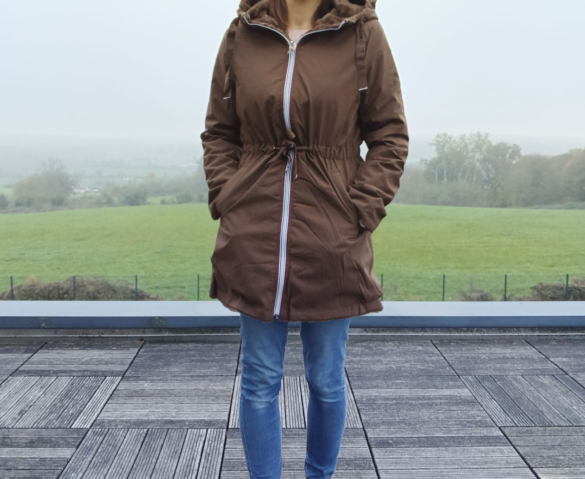 New Lolo - Manteau long MARRON réversible, imperméable et complètement fourré resserrable à la taille