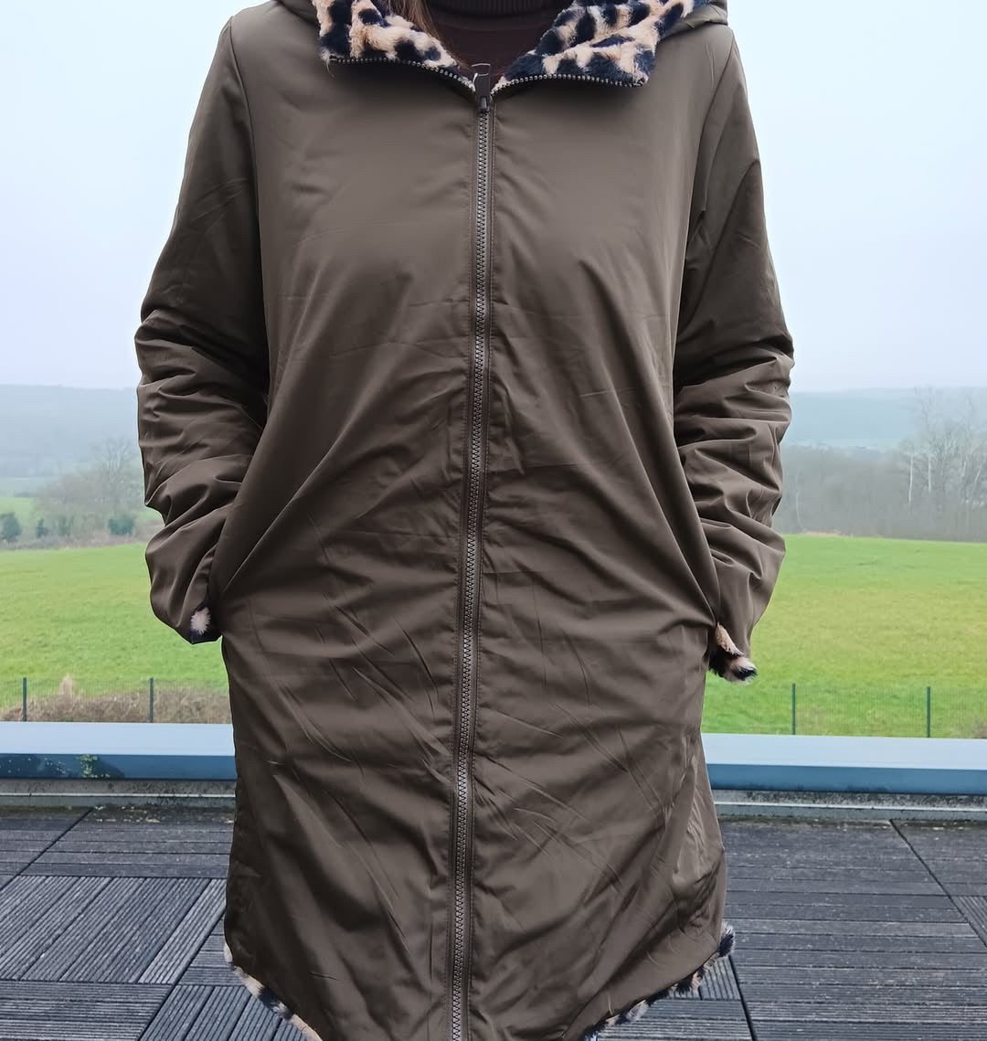 Melya Melody - Manteau long cuisses fourré réversible imperméable kaki marron léopard