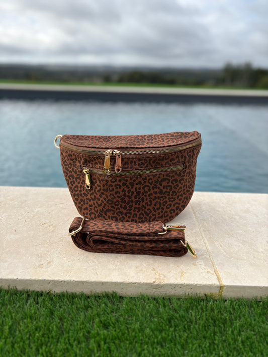 Sac banane tissu doux léopard marron noir 2 poches