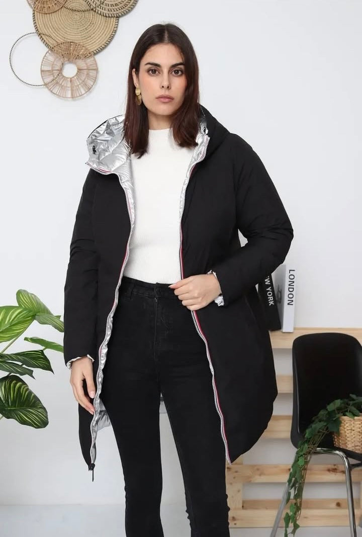 Nouveautés - Doudoune longue FEMME imperméable, matelassé argentée et réversible noir