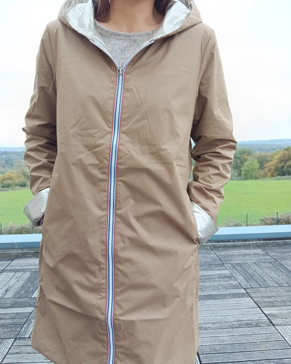 Laura Jo - Imperméable réversible long mi-saison garnissage ouate camel / doré