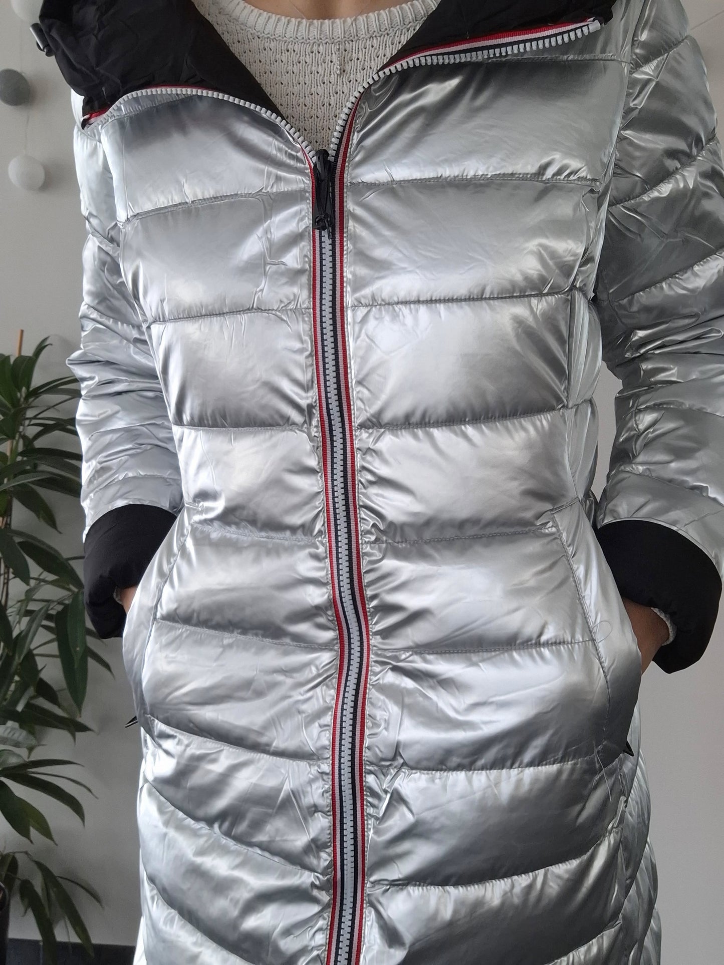 Doudoune manteau imperméable long noir réversible matelassé argenté