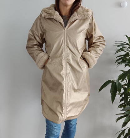 Melya Melody - Manteau long mi cuisses type ciré imperméable fourré réversible doré