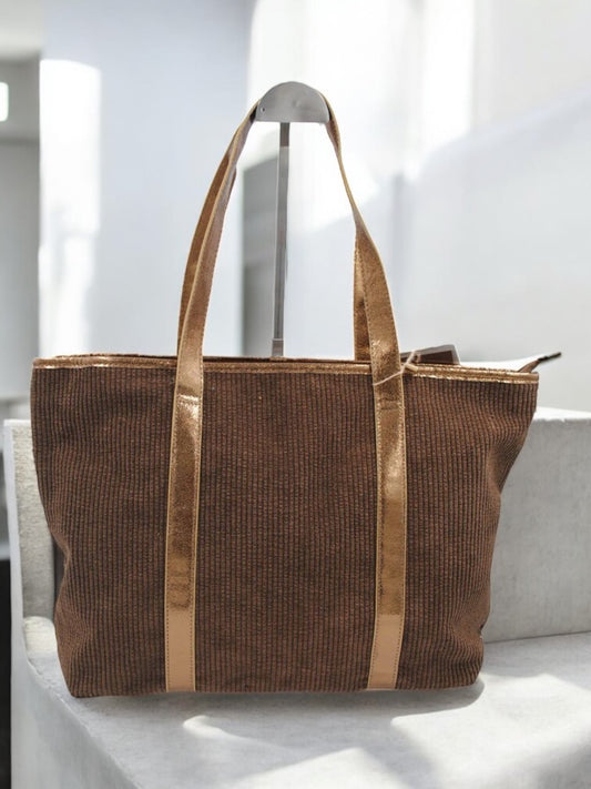 Sac à main style cabas porté main en tissu velours cotelé marron avec anses et bandes dorées