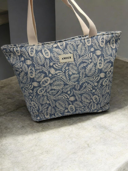Sac cabas porté épaule coton imprimé toile de jouy feuilles bleues creme