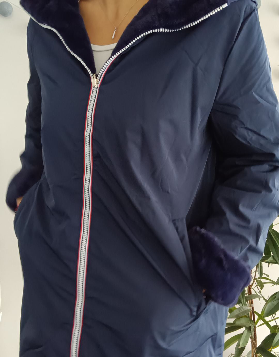 Melya Melody - Manteau long fourré fausse fourrure réversible imperméable bleu marine