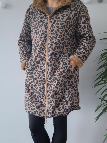 Escandelle - Manteau long réversible et imperméable léopard fourré fausse fourrure marron