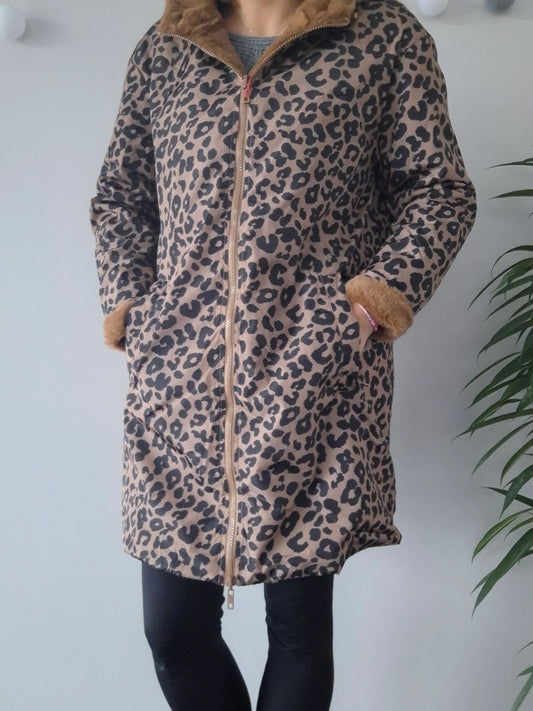 Escandelle - Manteau long réversible et imperméable léopard fourré fausse fourrure marron