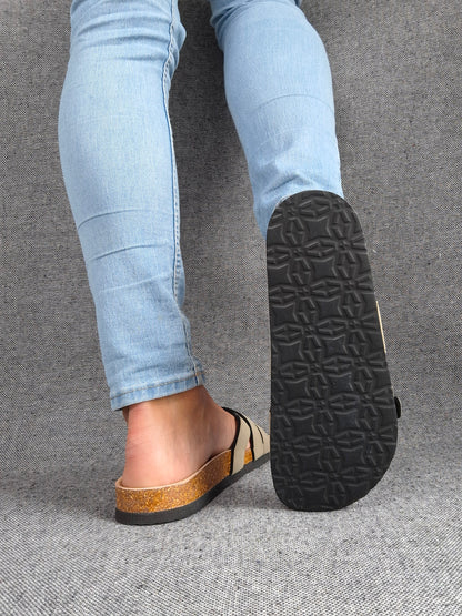 Chaussures sandales type Birk à 2 brides kaki semelle intérieure cuir