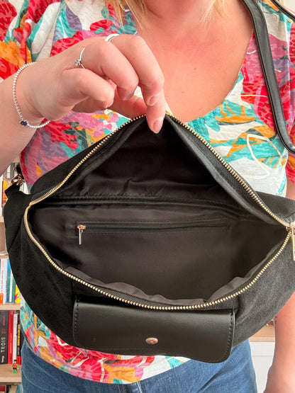 Sac banane XL femme noir effet daim et simili cuir – grand format tendance, bandoulière réglable, poche zippée