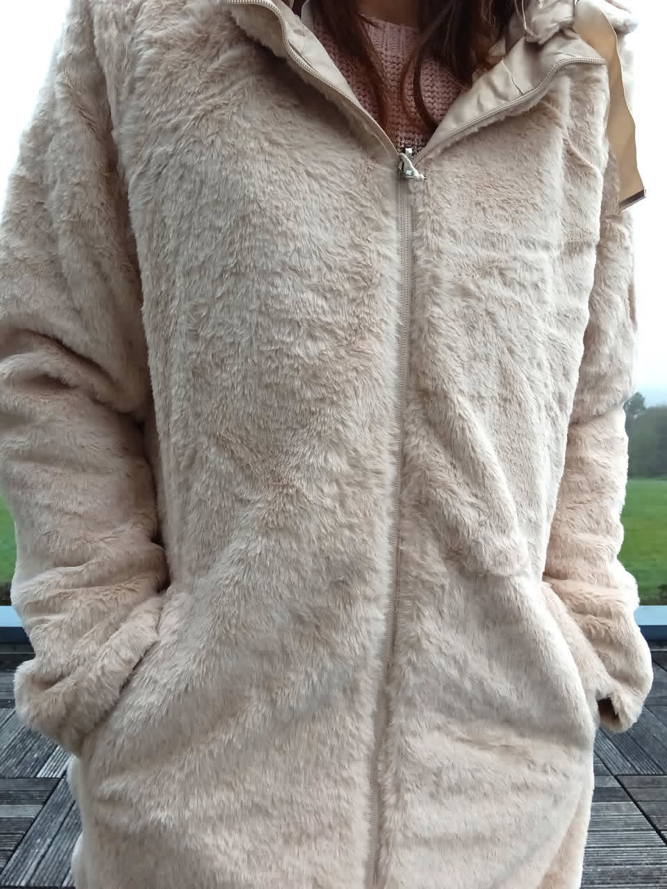 New Lolo - Manteau long BEIGE zip uni réversible, imperméable et complètement fourré resserrable à la taille