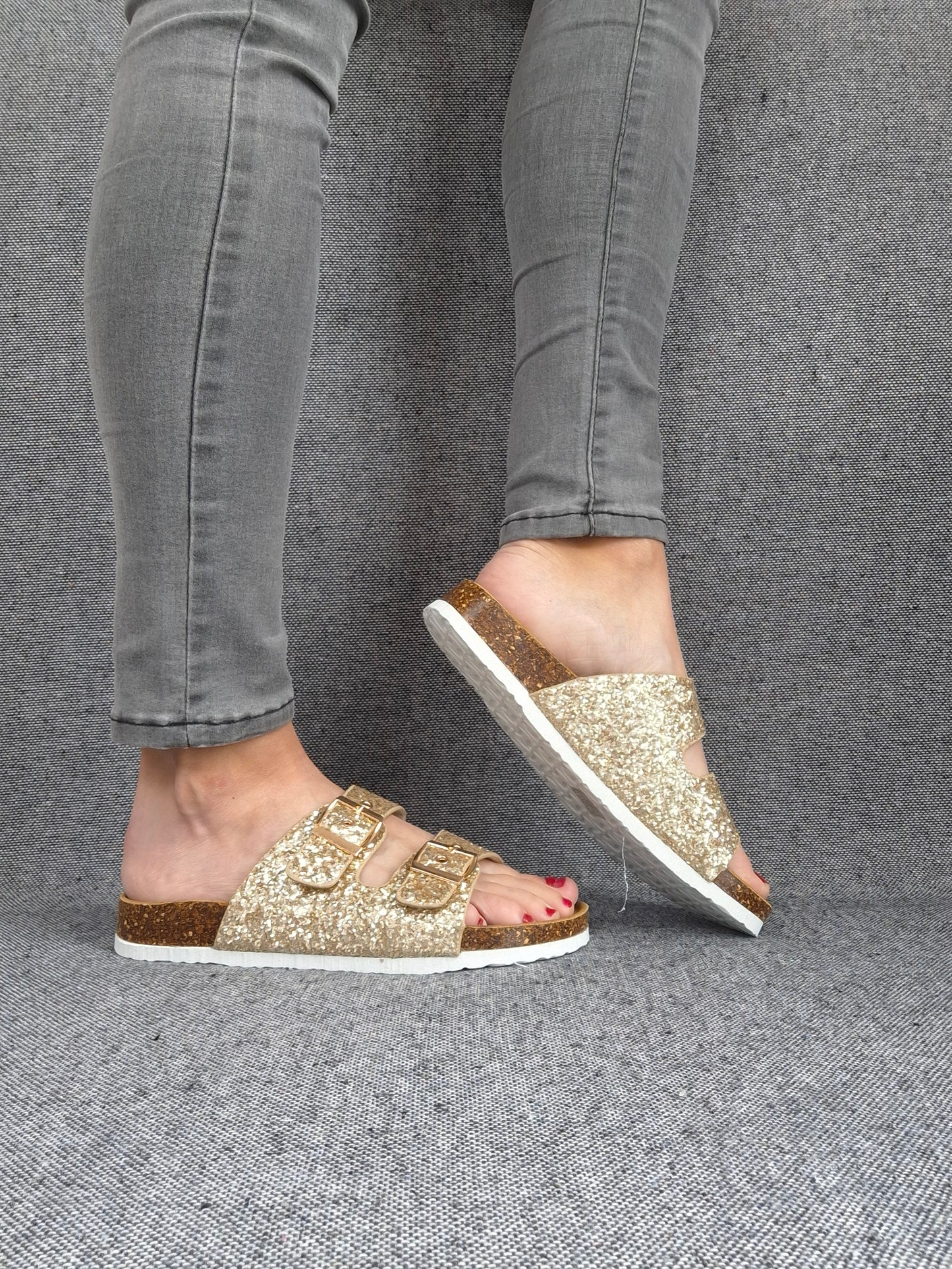 Chaussures sandales style Birk 2 brides doré pailleté