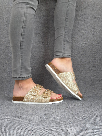 Chaussures sandales style Birk 2 brides doré pailleté