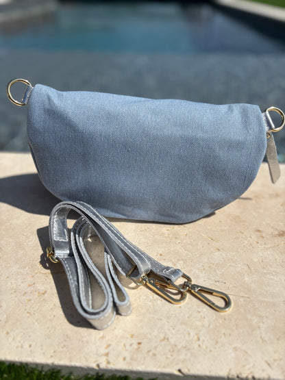 Sac banane tissu jean bandouliere grise en cuir