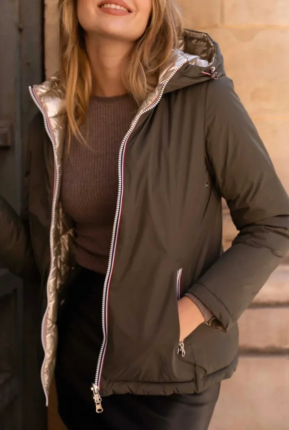 Laura Jo - Manteau doudoune courte matelassé réversible imperméable kaki doré avec capuche
