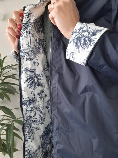 Laura Jo - Imperméable bleu marine réversible motif jungle long mi-saison garnissage ouate