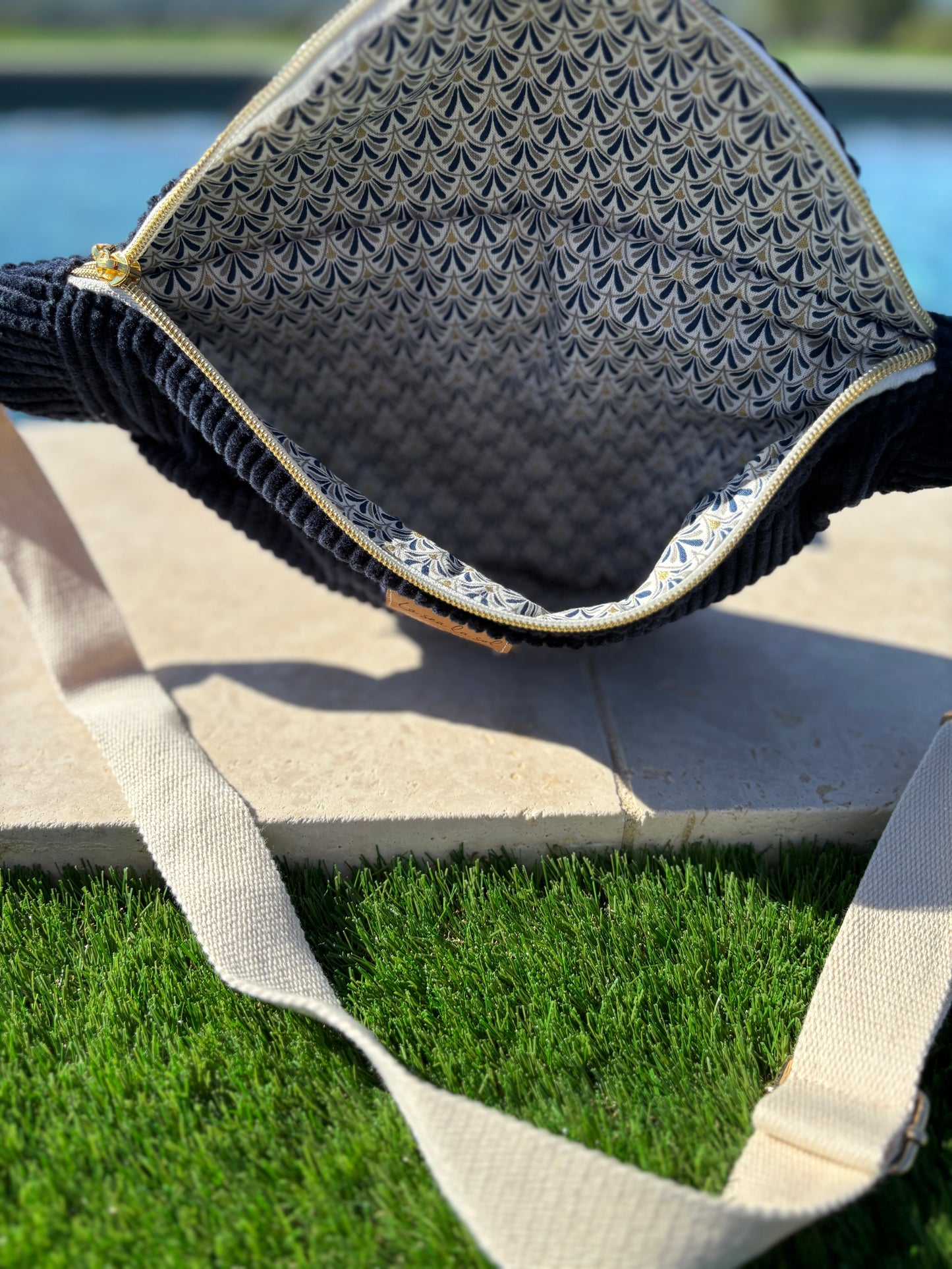 Sac banane velours cotelé bleu marine intérieur coton fait main